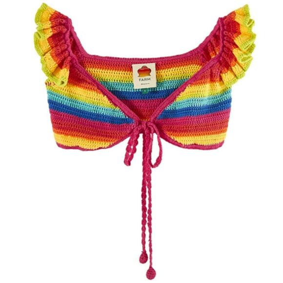 NWT Farm Rio Rainbow Crochet Bikini Top Pink Picnic Green Picnic size Medium - Picture 3 of 16